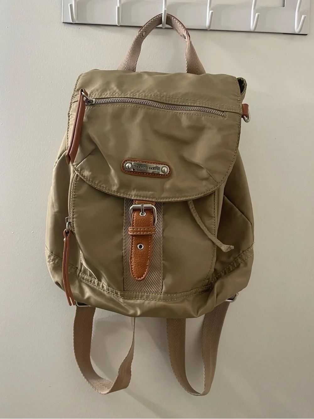 Franco Sarto Khaki Nylon Backpack with Brown Trim